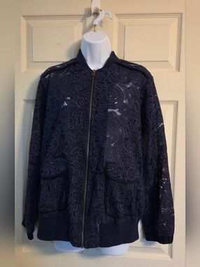 Anthropologie x Elevenses Miranda Lace Bomber Jacket in navy blue Size Small